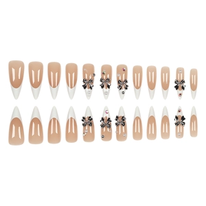 French tip almond press-on nails with 3D black bows, pearls, and rhinestones set