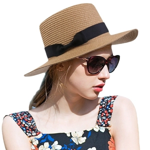 Summer khaki woven straw hat with wide brim and black bow ribbon for sun protection