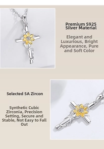 Detail of S925 sterling silver sunflower cross pendant with 5A cubic zirconia micro-inlay