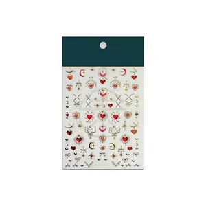 3D heart and star nail art stickers with gold metallic edges and relief texture