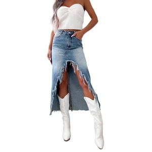 Jupe en jean taille haute pour femme avec ourlet irrégulier et fini bleu délavé