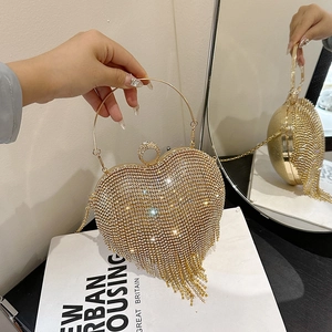 Women Heart Shaped Rhinestone Evening Bag Shiny Tassel Metal Ring Handle Detachable Chain Crossbody Handbag Clutch