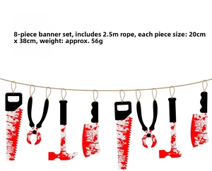 Close-up of 8 bloody tool banner props with saw and pliers for Halloween decor