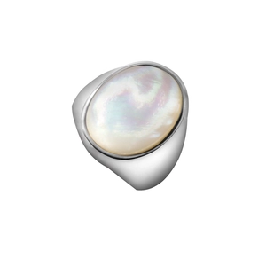 Anello elegante in acciaio inossidabile lucido con intarsio ovale in madreperla bianca