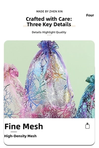 Detail of high-density mesh organza pouches with metallic coral pattern for jewelry packaging