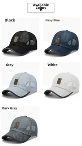 Breathable mesh baseball caps in black, navy, gray and white with leather patch details