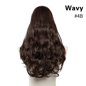 Back view of long wavy synthetic hair extension in dark brown shade #4B on a white background