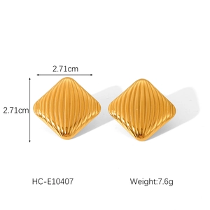 Detail view of 18K gold plated stainless steel geometric earrings with sizes and weight