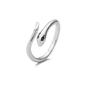 Detailed view of silver snake open ring with polished finish and black stone eyes