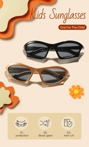 Close-up of stylish kids' sunglasses showing UV protection icons and sleek frames