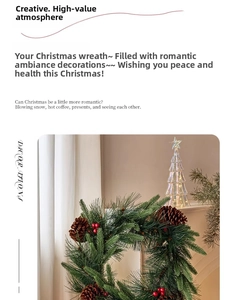 Detail of Christmas wreath featuring lush green pine needles, red berries, and pine cones