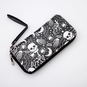 Retro skull print long zip wallet with Halloween bat and spider motifs with wrist strap