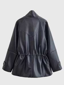 Detail view of the black faux leather jacket back with adjustable waist drawstring
