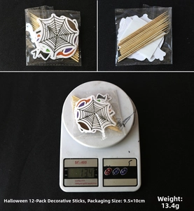 Macro detail of 12pcs Halloween spider web cake toppers with packaging and weight display