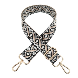 Detail of 3.8cm jacquard crossbody strap with black and white geometric pattern and gold clips