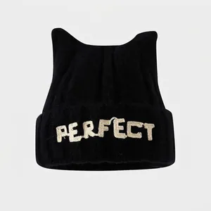 Kids black cat ear knit beanie with white PERFECT embroidery and warm thick lining