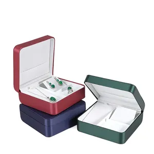 Three-piece jewelry gift box set with textured satin finish in red blue and green