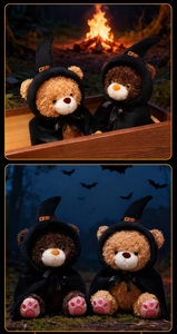 Detailed view of Halloween plush bears wearing wizard hats in a cozy forest setting