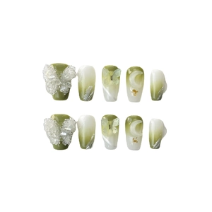 Handmade light green gradient press-on nails with 3D crystal butterflies and bow accents