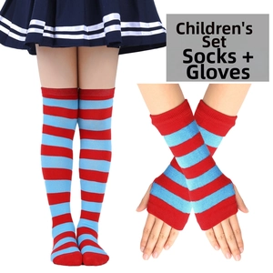 Kids' striped over-knee socks and fingerless gloves set in bright red and sky blue colors