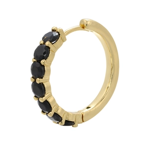 Polished gold earrings with five circular black zircon stones on a white background