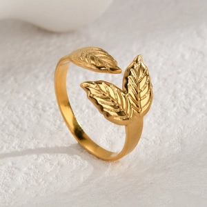 Minimalist 14K gold plated stainless steel open ring with textured leaf design
