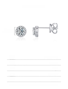 Detail view of round halo 925 sterling silver stud earrings with 4mm moissanite stones