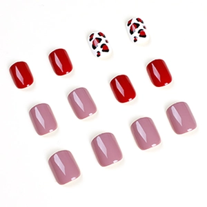 Short square press-on nails set featuring rose red, pink and leopard print patterns