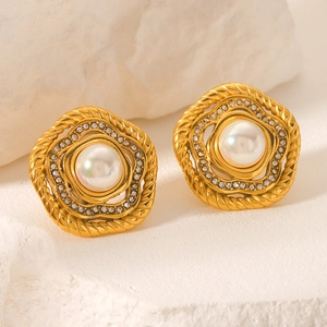 Vintage 18k gold stainless steel flower earrings with pearls and pavé rhinestones