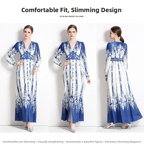 Detail of V-neck long-sleeved dress with blue and white porcelain floral print and waist accent