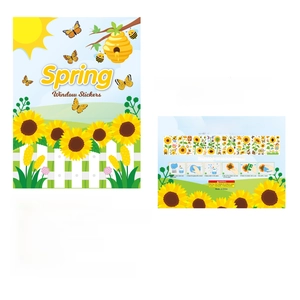Detail showing 8 sheets of sunflower spring window clings with dimensions and packaging