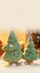 Detail of plush Christmas tree dolls with silver glitter stars in a warm festive setting