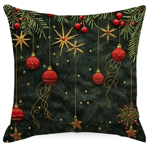 Close-up of linen Christmas pillowcase featuring dark green fabric and festive embroidery