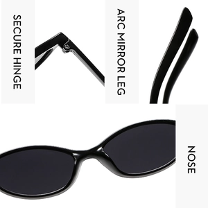 Detail view of oval sunglasses showing secure hinges, arc legs and nose pads