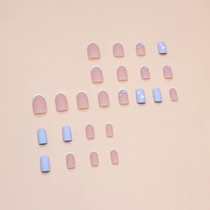 Blue and white heart press-on nails with matte finish and french tip square design