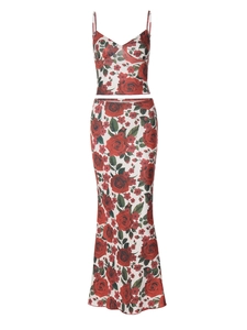 Summer two-piece floral set featuring a V-neck camisole and rose print long bodycon skirt