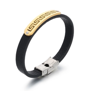 Men's black leather bracelet with golden Greek key pattern plate and stainless steel buckle