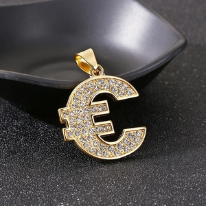 Hiphop gold Euro symbol pendant with clear rhinestones in polished stainless steel