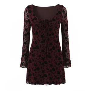 Mini Dress Mesh Long Sleeve Floral Flocked Velvet Tie Neck Slim Fit Retro Party Club Women Elegant Deep Red