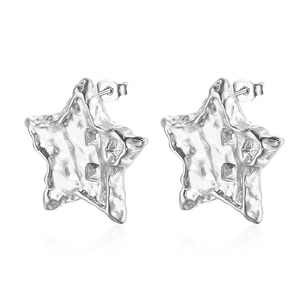 Silver star-shaped stainless steel stud earrings with textured surface and mirror reflection