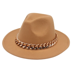Detailed view of camel felt fedora hat with a chunky oversized gold acrylic chain link