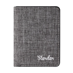 Front view of grey canvas ultra-slim mini wallet with Slardar logo and fabric texture