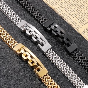 Close-up of square hollow titanium steel bracelets in gold, silver, and black finish