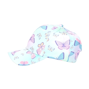 Close-up of pastel mint baseball cap with colorful butterfly patterns and curved brim