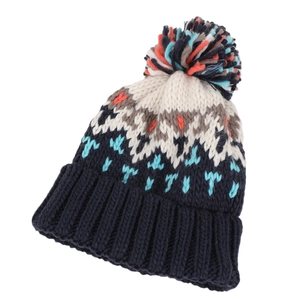 Winter knitted beanie with colorful pompom featuring navy blue geometric jacquard patterns