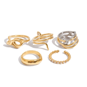5-teiliges Schlangenring-Set in Gold und Silber mit Zirkon-Inlays auf weißem Hintergrund