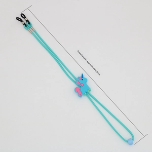 Detail view of blue unicorn glasses strap showing a folded length of 25cm for children