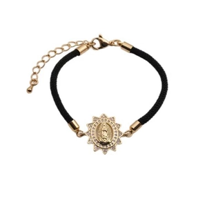 Adjustable gold-plated Virgin Mary charm bracelet with zircon inlays and black cord