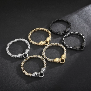 Byzantine chain necklaces with carved snake heads in multiple metallic color finishes
