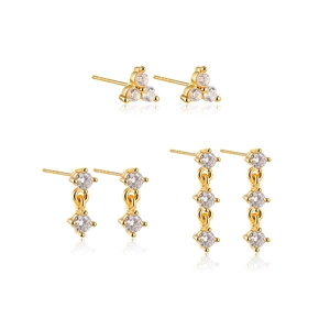 18K gold plated zircon earring set with three-diamond studs on a white background